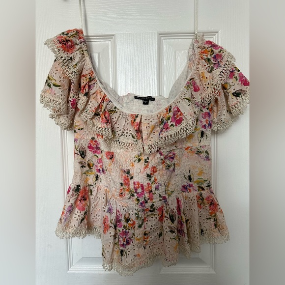 Guess Isotta Ruffled Off-the-shoulder Top In Pastel Flower - Picture 3 of 9